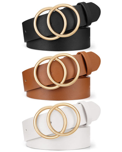 HOTXZQTIVE 3 Packs Women's Leather Belts For Jeans Dresses Pants Fashion Ladies Waist Belt with Double O-Ring Gold Buckle