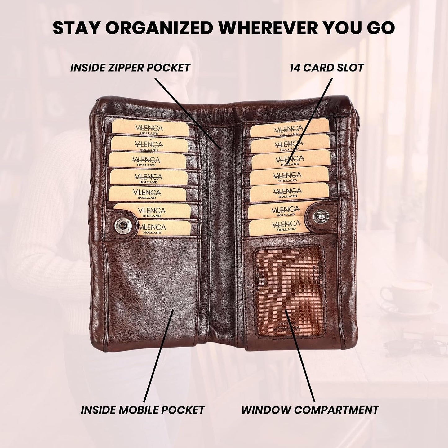 HOTGenuine Leather Wallets for Women, Small Wallet, Brown | Woven Leather Clutch Organizer, Zipper Coin Purse, Credit Card Holder with Strap, Multi Card Slots, Ladies, VL-167-BROWN
