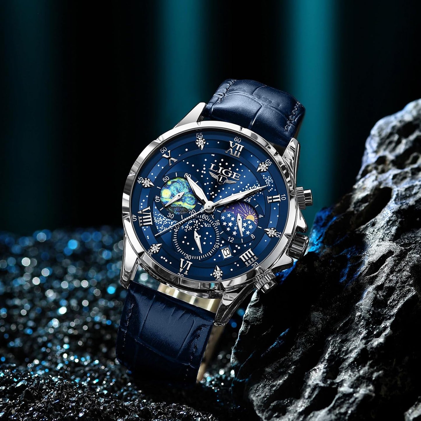 HOTLIGE Waterproof Watches for Men Analog Dress Water Proof Chronograph Work Casual Leather Water-Resistant Lunar Phase Display Quartz Wristwatch with Date & Luminous Men's Wrist Watch