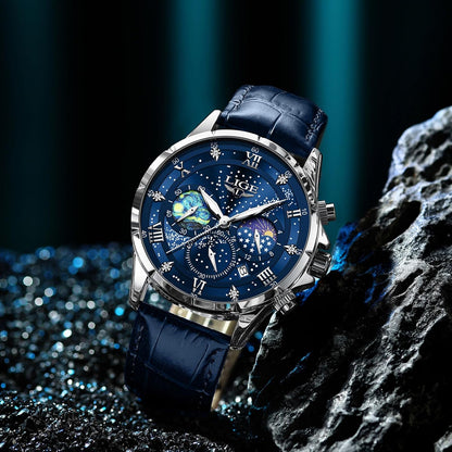 HOTLIGE Waterproof Watches for Men Analog Dress Water Proof Chronograph Work Casual Leather Water-Resistant Lunar Phase Display Quartz Wristwatch with Date & Luminous Men's Wrist Watch