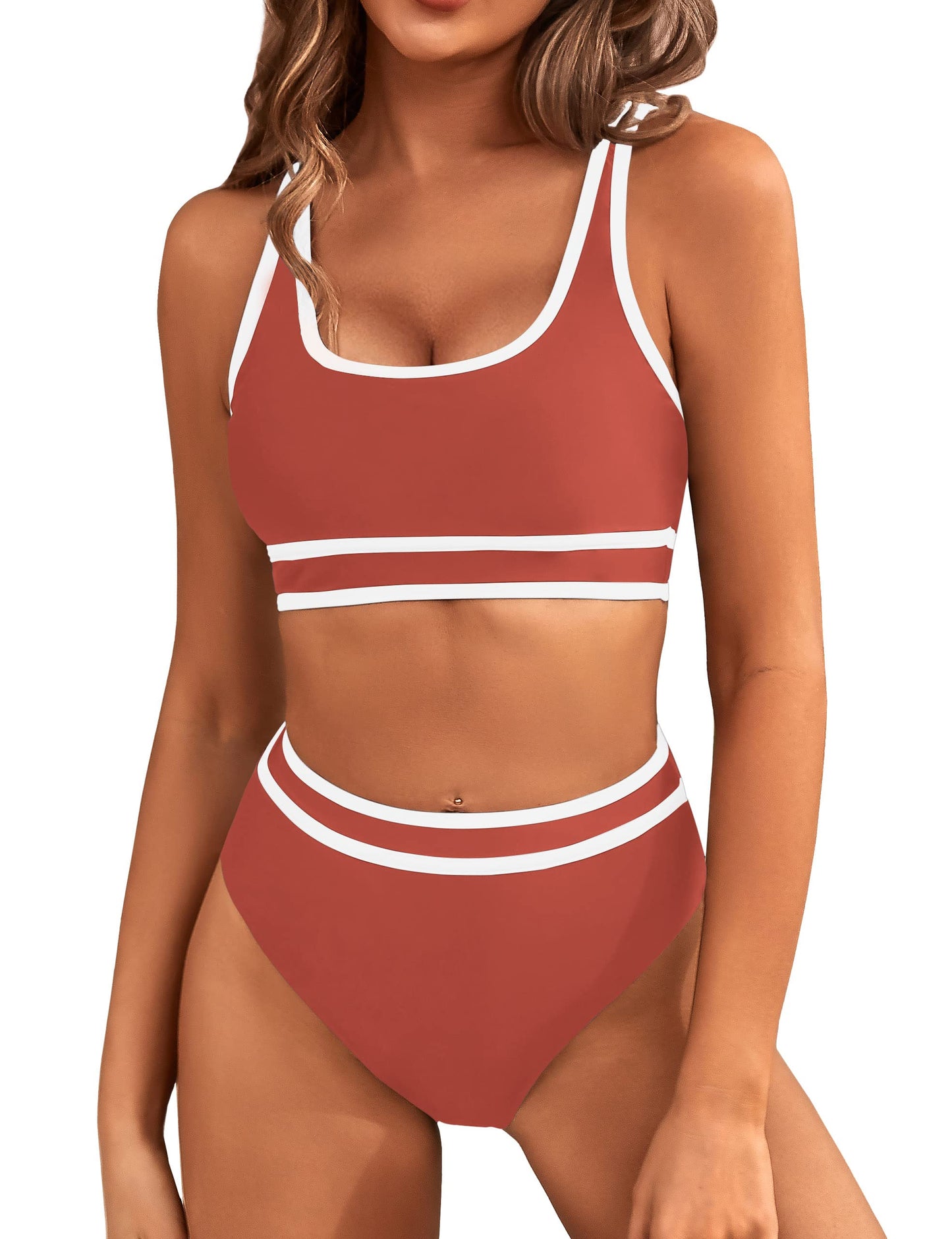 HOTBMJL Women's High Waisted Bikini Sets Sporty Two Piece Swimsuits Color Block Tummy Control Modest Bathing Suit