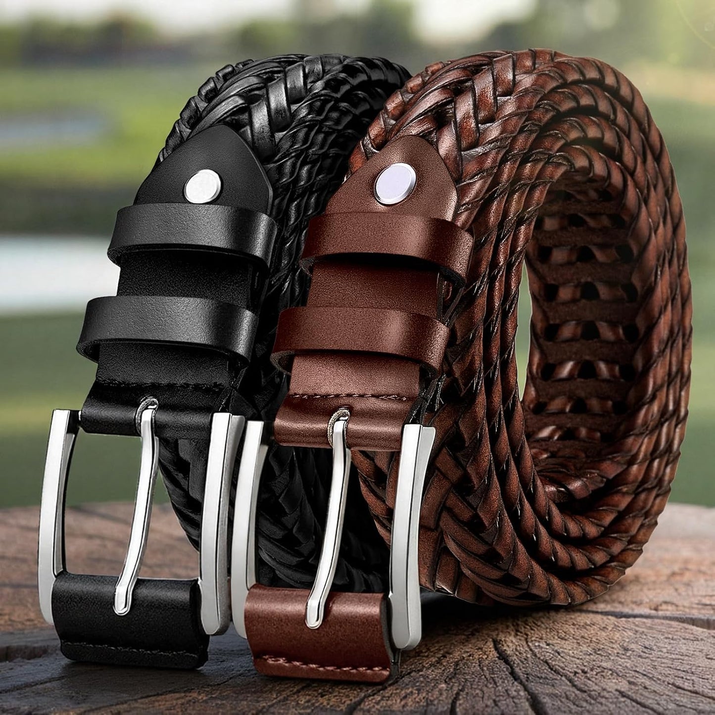 HOTBULLIANT 2-Pack Braided Woven Leather Belts for Men 1 3/8"-Gift Boxed | Holeless Understated Elegance| Breathable & Lightweight | Versatile For Golf, Casual, Jeans