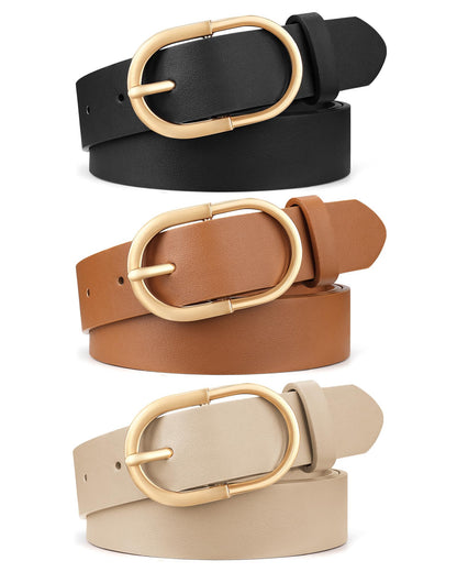 HOTXZQTIVE 3 Packs Women's Leather Belts For Jeans Dresses Pants Fashion Ladies Waist Belt with Double O-Ring Gold Buckle