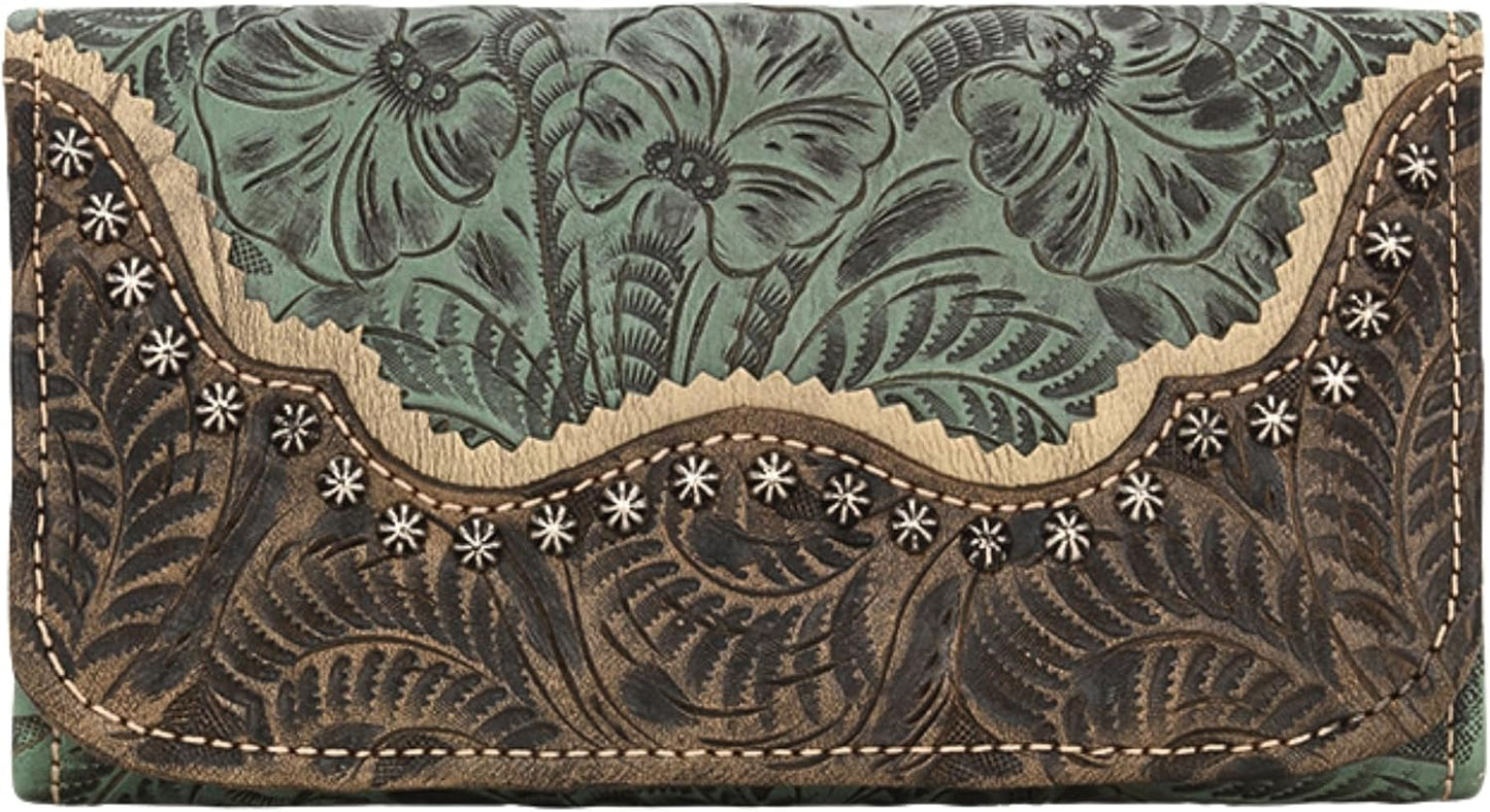 HOTAmerican West Hand Tooled Handcrafted 100% Genuine Leather Tri-Fold Wallet for Women Credit Card Slots Cash Pocket and Clear ID Holder Saddle Ridge Collection Western (Light Turquoise)