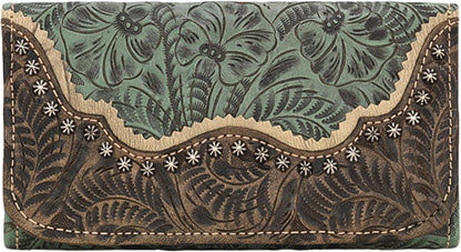 HOTAmerican West Hand Tooled Handcrafted 100% Genuine Leather Tri-Fold Wallet for Women Credit Card Slots Cash Pocket and Clear ID Holder Saddle Ridge Collection Western (Light Turquoise)