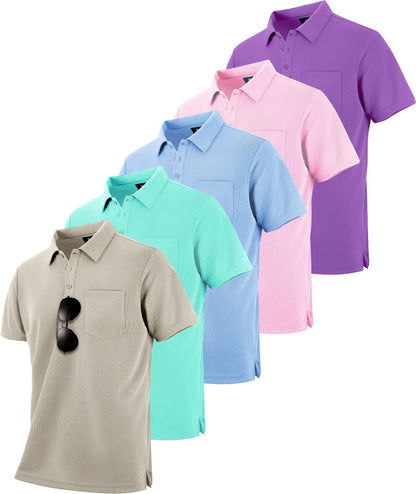 HOTSCODI 5 Pack Mens Pocket Polo Shirts Short Sleeve Multipack Golf Shirt for Men Moisture Wicking Casual Athletic Work T-Shirts