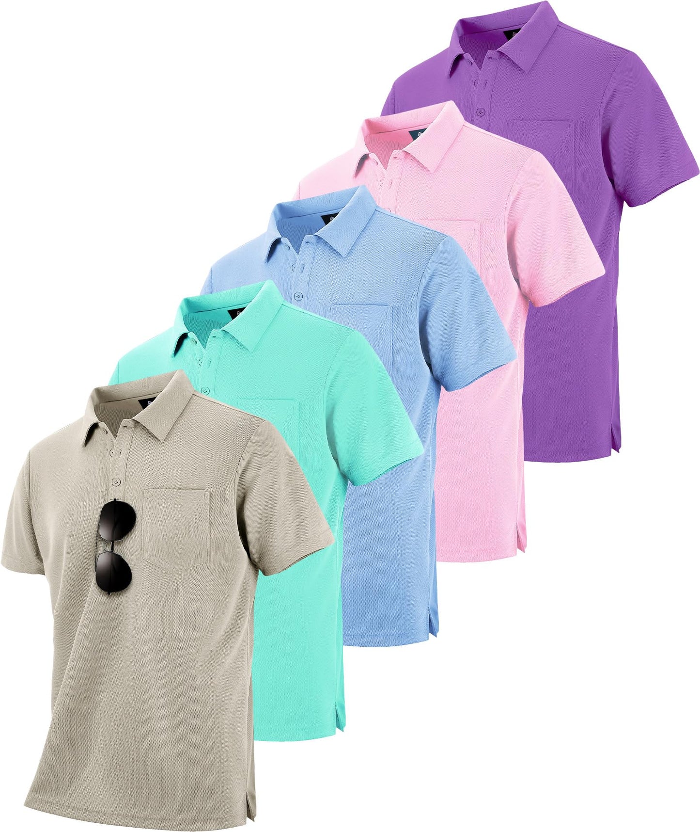 HOTSCODI 5 Pack Mens Pocket Polo Shirts Short Sleeve Multipack Golf Shirt for Men Moisture Wicking Casual Athletic Work T-Shirts