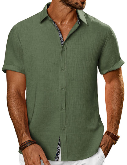 HOTPJ PAUL JONES Mens Short Sleeve Button Down Shirts Casual Summer Clothing | Linen Textured, Summer Beach Vacation Tops, Untucked Dress Shirt, Lightweight, Regular Fit, Fashion Resort Wear