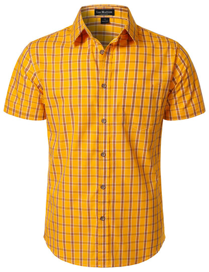 HOTLucMatton Men's Gingham Short Sleeve Button Down Shirt Cotton Regular Fit Plaid Dress Shirts with Pocket