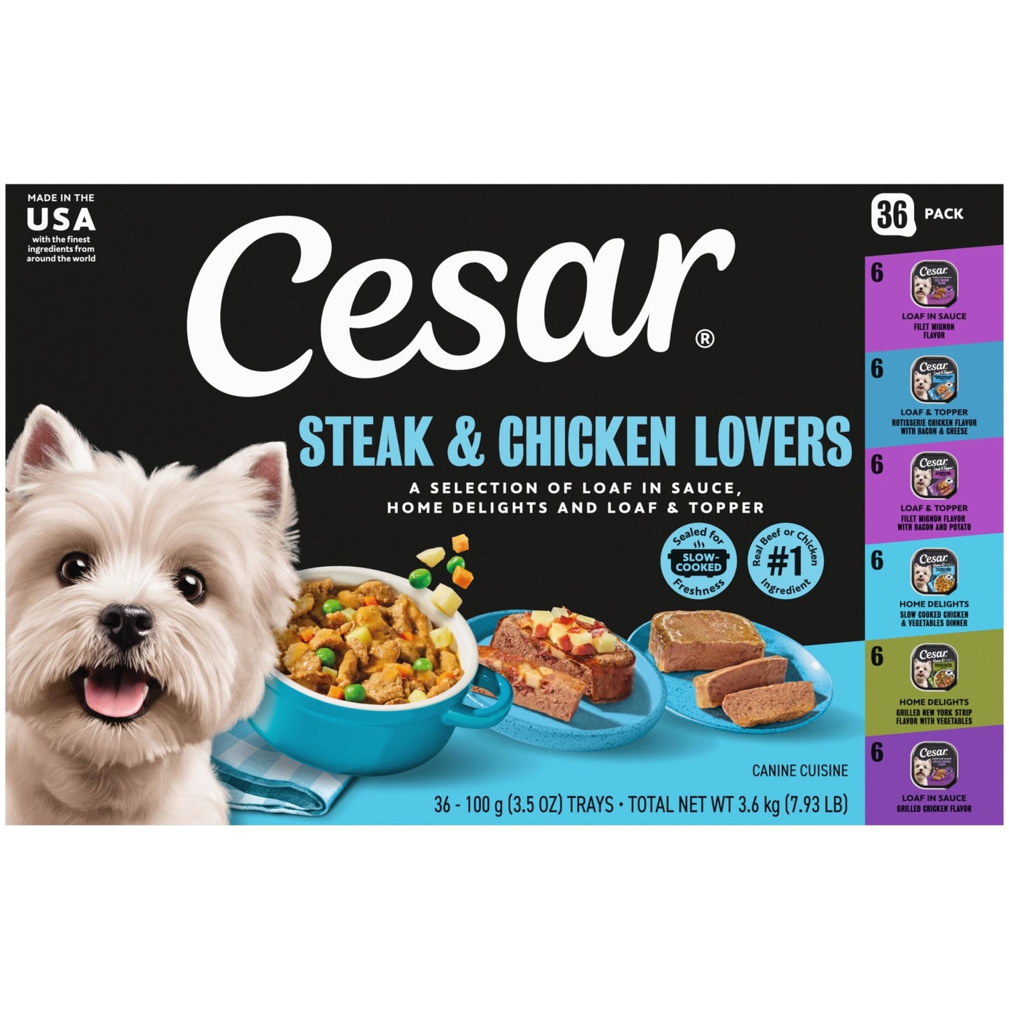 HOTCesar Wet Dog Food, Steak Lovers Variety Pack, 3.5 oz, 36 Count | Real meat #1 ingredient, easy peel trays, 100% complete & balanced, no fillers, no added sugar, no artificial flavors