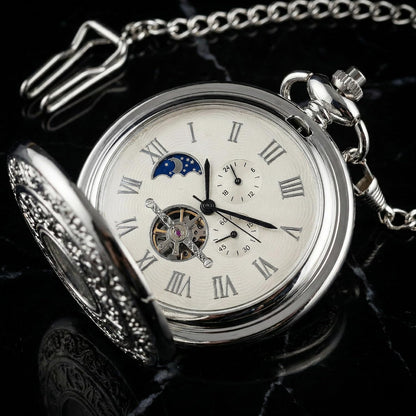HOTOBTAIN Vintage Mechanical Pocket Watch - Exquisite Double-Sided Floral Engraved Case, Single Hunter Skeleton Design, Antique Silver Hand-Winding Watch with 25cm Chain, Gift Box for Men