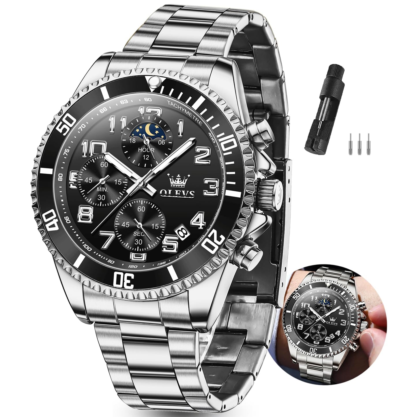 HOTOLEVS Watches Men Waterproof Luxury Big Face Mens Watch Stainless Steel Day Date Quartz Analog Dress Watches for Men Luminous Reloj para Hombres (Green/Blue/Black/Gold)