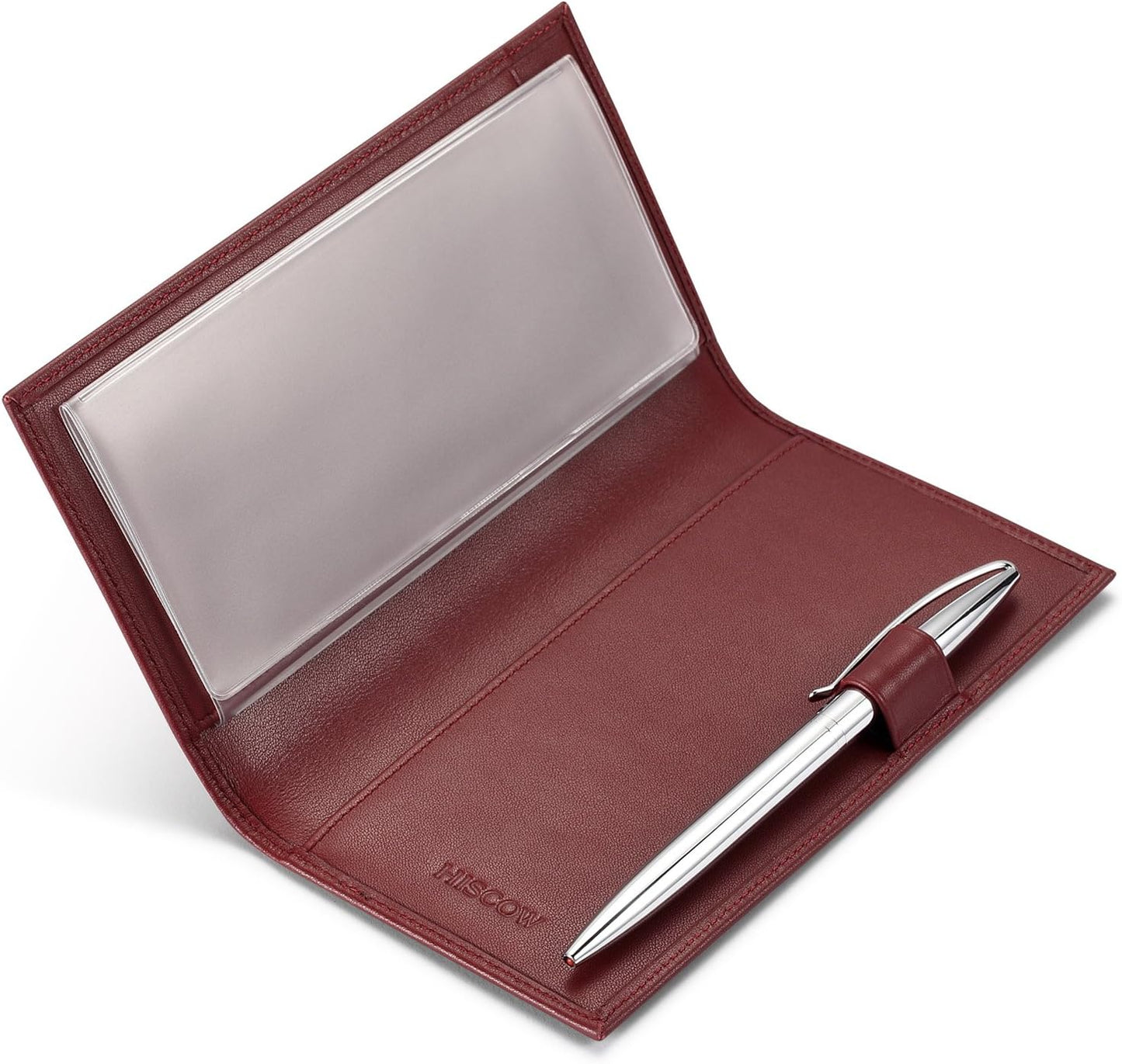 HOTHISCOW Leather Checkbook Cover for Duplicate Checks with Pen Holder | Full grain cowhide, personal check book & register pockets, removable vinyl divider, durable stitching, gifts for women men
