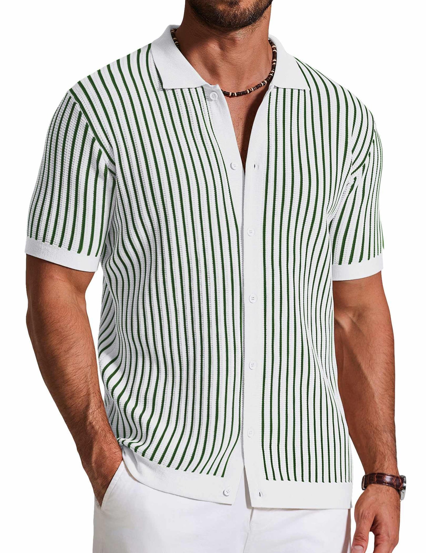 HOTCOOFANDY Mens Knit Button Down Shirts Short Sleeve Polo Shirt Vintage Striped Casual Shirts