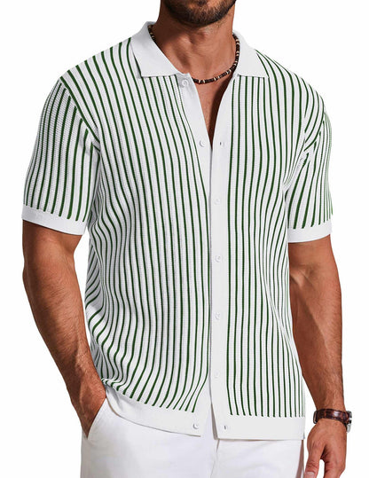 HOTCOOFANDY Mens Knit Button Down Shirts Short Sleeve Polo Shirt Vintage Striped Casual Shirts