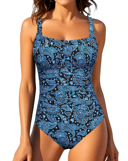 HOTOne Piece Bathing Suit for Women Tummy Control Vintage Swimsuit | Square Neck, Supportive Unremovable Cups, Ruched Design, Adjustable Straps, Full Coverage