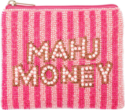 HOTTallew Mahjong Money Beaded Pouch Pink Seed Bead Coin Purse Zipper Mini Card Coin Holder 6 x 5 Inch Mahjong Lover Gift Accessory for Women Table Game Night Cash Travel