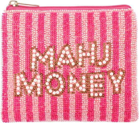 HOTTallew Mahjong Money Beaded Pouch Pink Seed Bead Coin Purse Zipper Mini Card Coin Holder 6 x 5 Inch Mahjong Lover Gift Accessory for Women Table Game Night Cash Travel