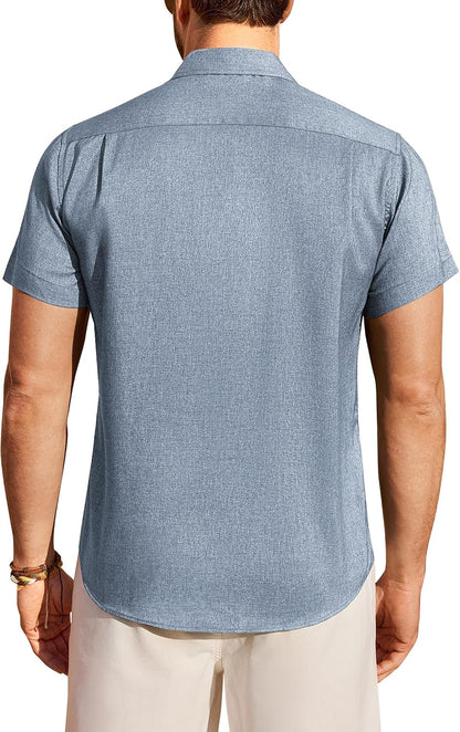 HOTMens Linen Shirt Short Sleeve Wrinkle Free Casual Untucked Button Down Shirts Beach Breathable Tops Summer