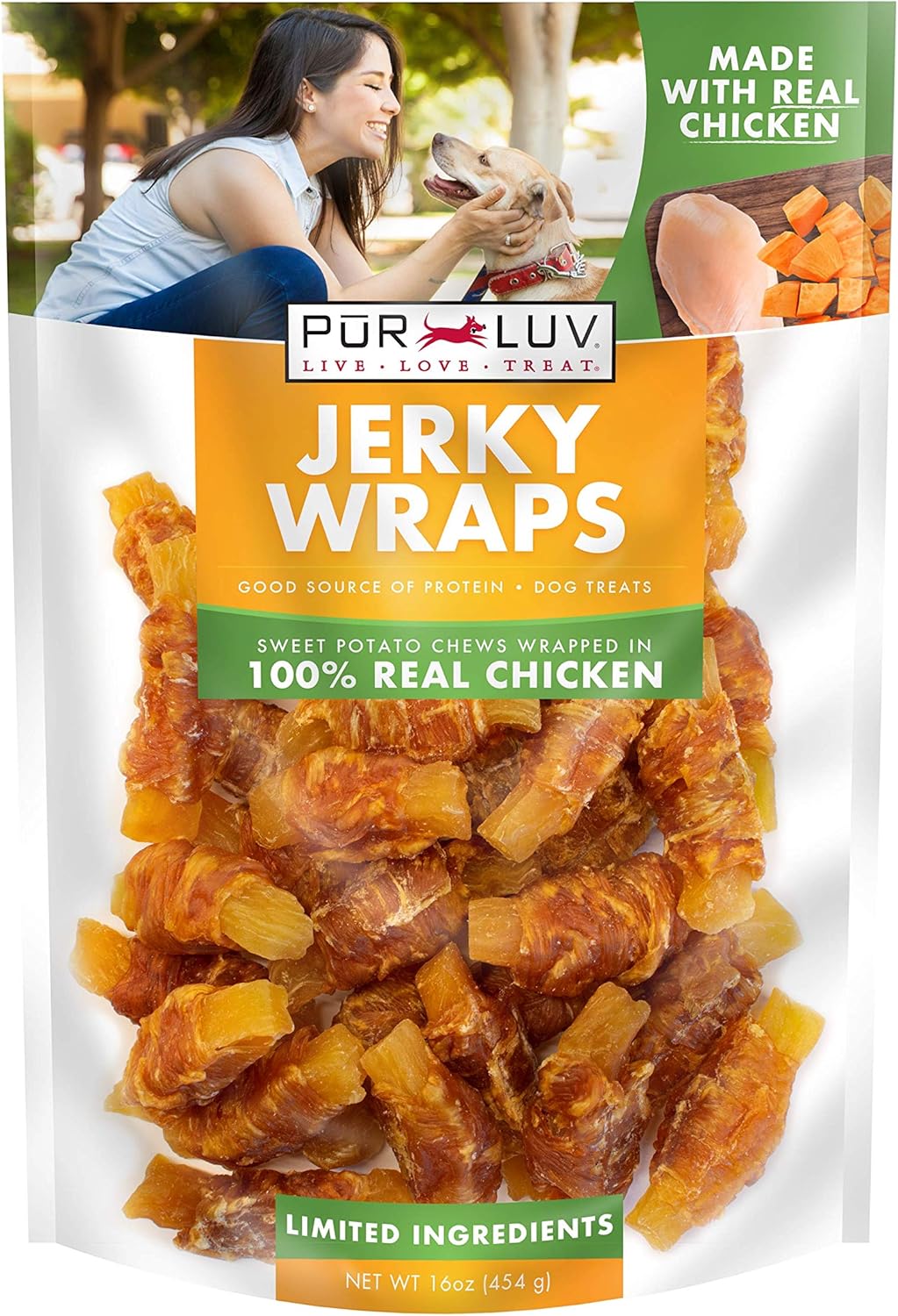 HOTPur Luv Chicken Wrapped Sweet Potato Dog Treats, Rawhide Free Jerky Wraps, Made with Real Chicken, 16 Oz, Healthy, Easily Digestible, Long Lasting, High Protein Treat, Satisfies Dog's Urge to Chew
