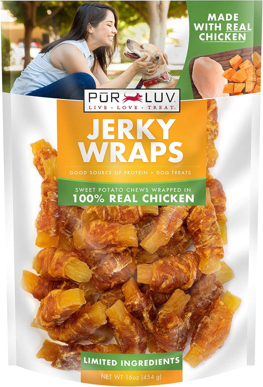 HOTPur Luv Chicken Wrapped Sweet Potato Dog Treats, Rawhide Free Jerky Wraps, Made with Real Chicken, 16 Oz, Healthy, Easily Digestible, Long Lasting, High Protein Treat, Satisfies Dog's Urge to Chew