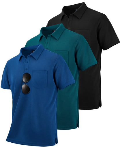 HOTZITY Men's 3 Pack Polo Shirts Short Sleeve with Pocket Moisture Wicking Casual Work Golf Lightweight Collared T-Shirts