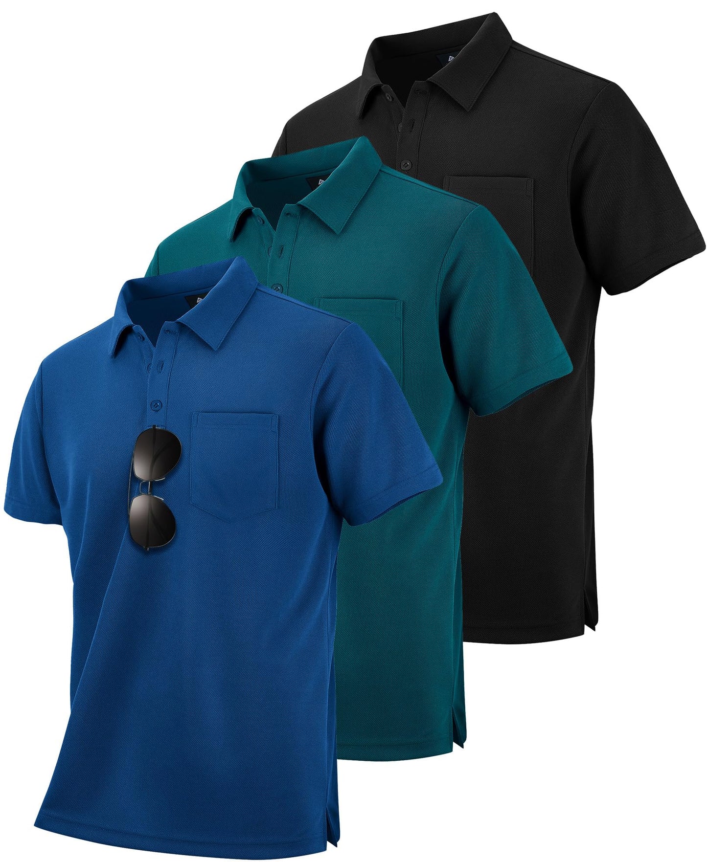 HOTZITY Men's 3 Pack Polo Shirts Short Sleeve with Pocket Moisture Wicking Casual Work Golf Lightweight Collared T-Shirts