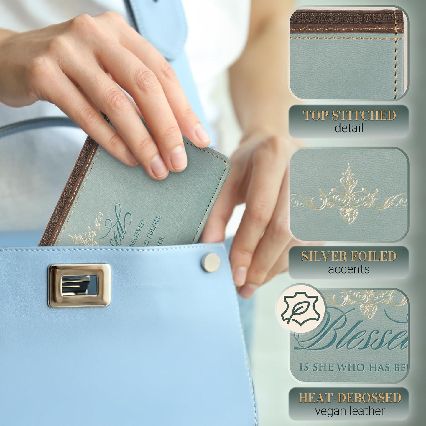 HOTCheckbook Cover for Women “Blessed Is She” Christian Blue Wallet, Faux Leather Christian Checkbook Cover for Duplicate Checks & Cards – Luke 1:45