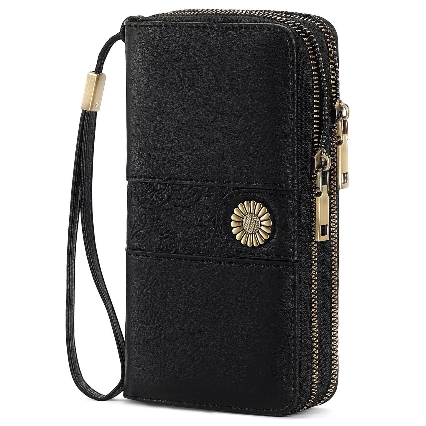 HOTSENDEFN Wallet for Women Leather Double Zipper RFID Blocking Card Holder, Large Capacity Clutch Wallet with Wristlet