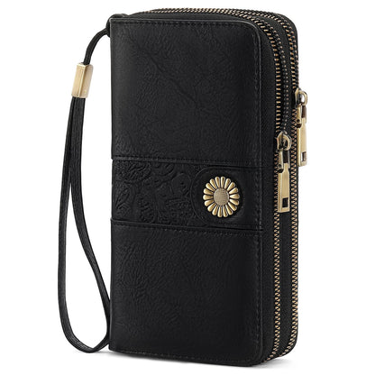 HOTSENDEFN Wallet for Women Leather Double Zipper RFID Blocking Card Holder, Large Capacity Clutch Wallet with Wristlet