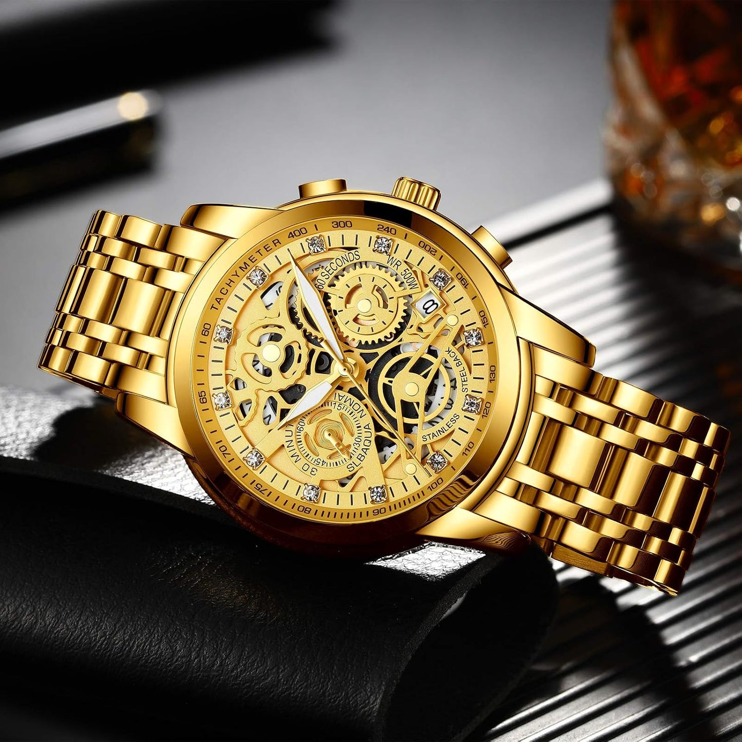 HOTNEKTOM Watches for Men with Stainless Steel, Quartz Analog Watch with Date, Luxury Minimalist Dress Mens Watches, Chronograph Watch, 3ATM Waterproof, Black Wristwatch, Gifts for Men
