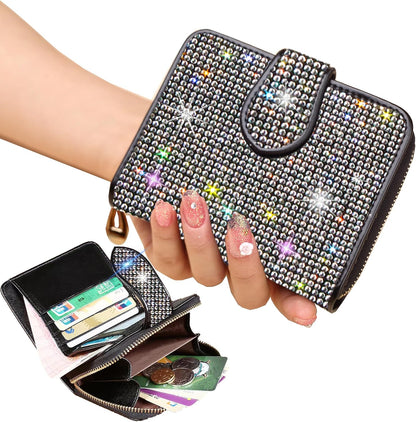HOTBling Rhinestone Small Womens Wallet Girls Clutch Artificial Diamond Purse Credit Card ID Coin Holder W/Zipper Silver/White