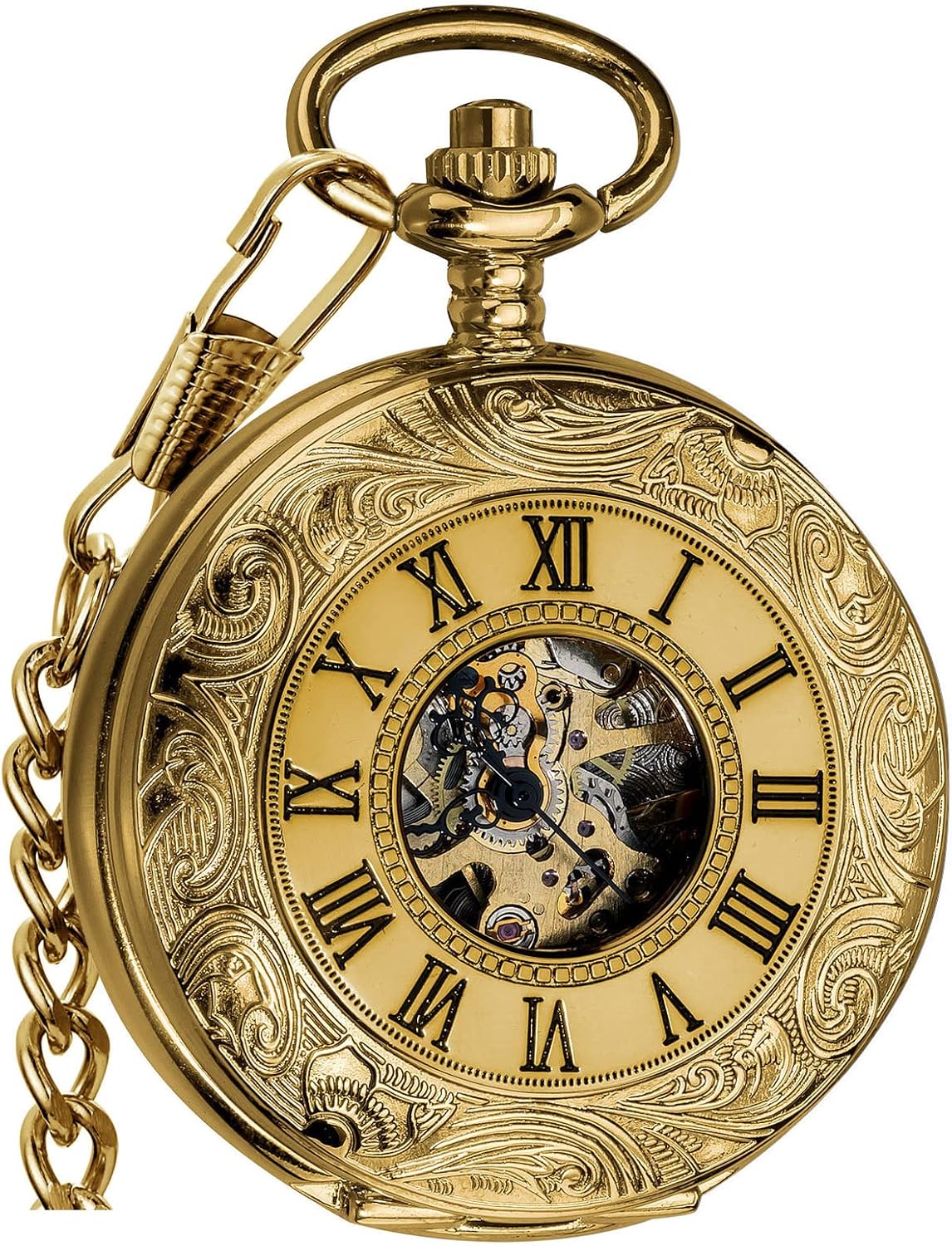 HOTVIGOROSO Mechanical Pocket Watches for Men Skeleton Pocket Watch with Chain | Vintage gold men's pocket watch,Hand wind up mechanical,Roman No. analog pocketwatch,Reloj de bolsillo para hombre,Gift ideal