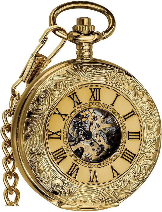 HOTVIGOROSO Mechanical Pocket Watches for Men Skeleton Pocket Watch with Chain | Vintage gold men's pocket watch,Hand wind up mechanical,Roman No. analog pocketwatch,Reloj de bolsillo para hombre,Gift ideal