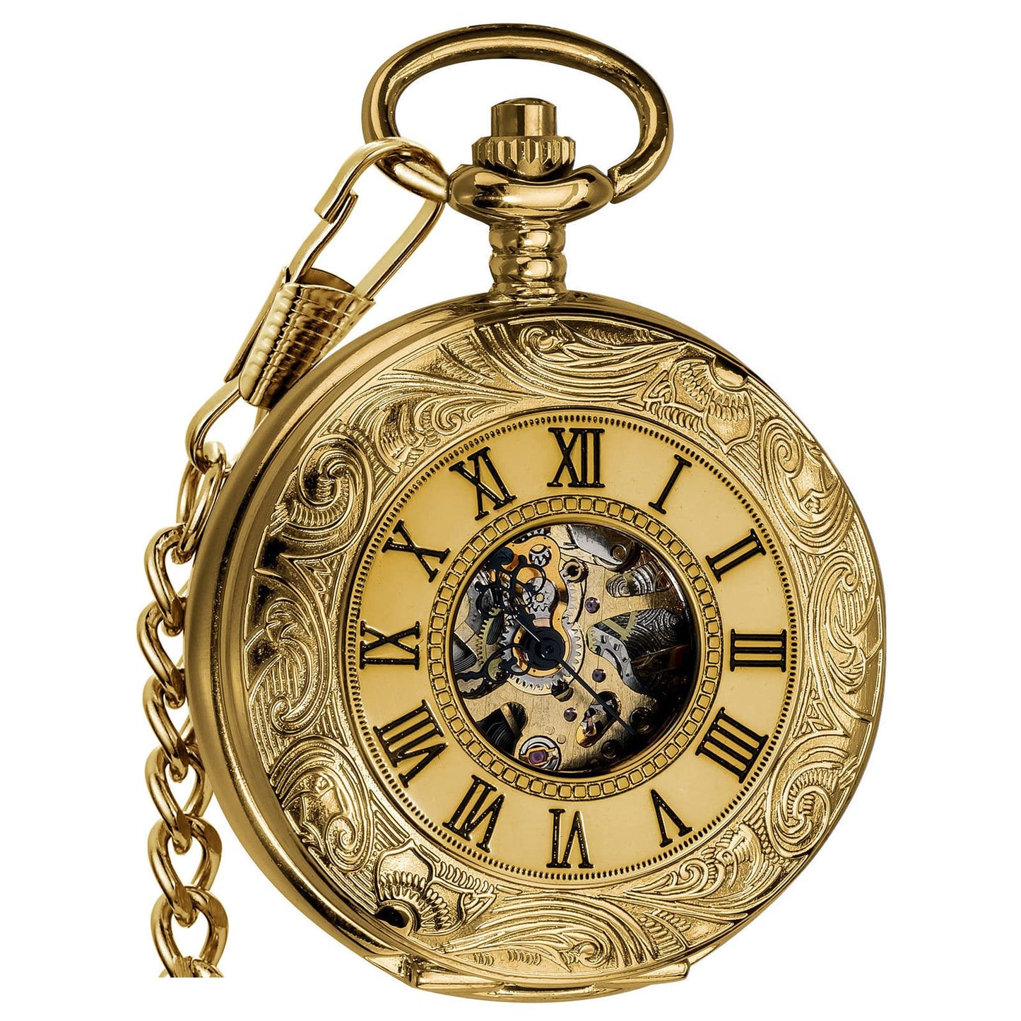 HOTVIGOROSO Mechanical Pocket Watches for Men Skeleton Pocket Watch with Chain | Vintage gold men's pocket watch,Hand wind up mechanical,Roman No. analog pocketwatch,Reloj de bolsillo para hombre,Gift ideal