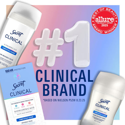 HOTSecret Clinical Strength Invisible Solid Antiperspirant Deodorant for Women, 100HR Sweat & Odor Protection, 3X Stress Protection with Hyaluronic Acid, PH Balanced, Completely Clean Scent, 2.6 oz