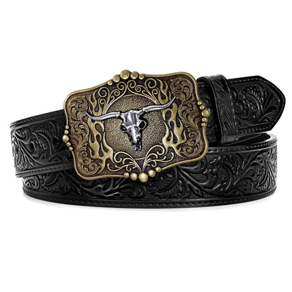 HOTCowboy Cowgirl Belt Western Belts for Men Women Floral Engraved Longhorn Bull Buckle Belt for Jeans