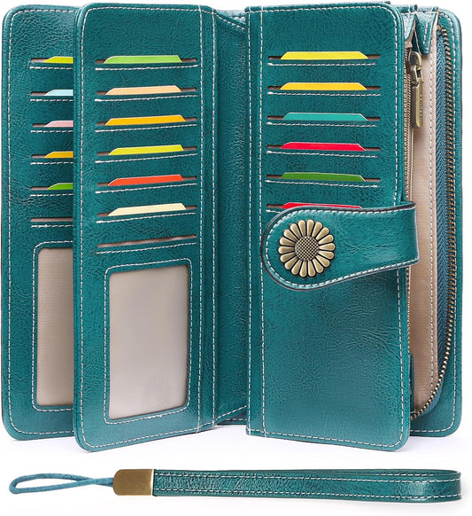 HOTSENDEFN Wallets for Women Leather Credit Card Holder with RFID Blocking Large Capacity Wristlet | with RFID Blocking