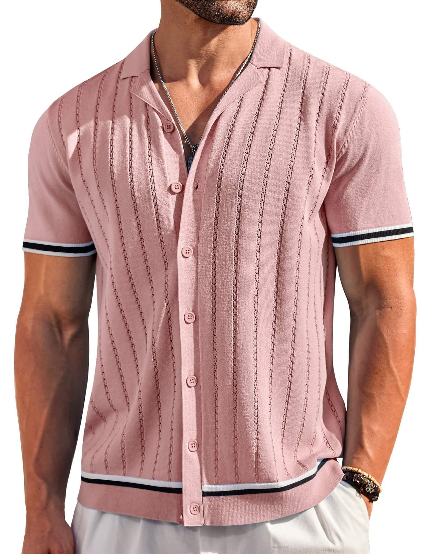 HOTCOOFANDY Men's Short Sleeve Knit Shirt Casual Button Down Shirt Vintage Striped Knitted Golf Beach Tops