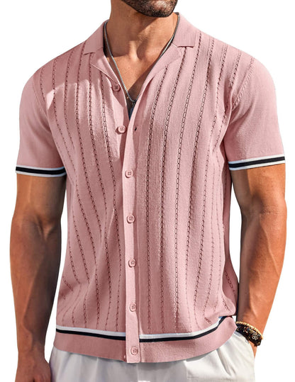 HOTCOOFANDY Men's Short Sleeve Knit Shirt Casual Button Down Shirt Vintage Striped Knitted Golf Beach Tops