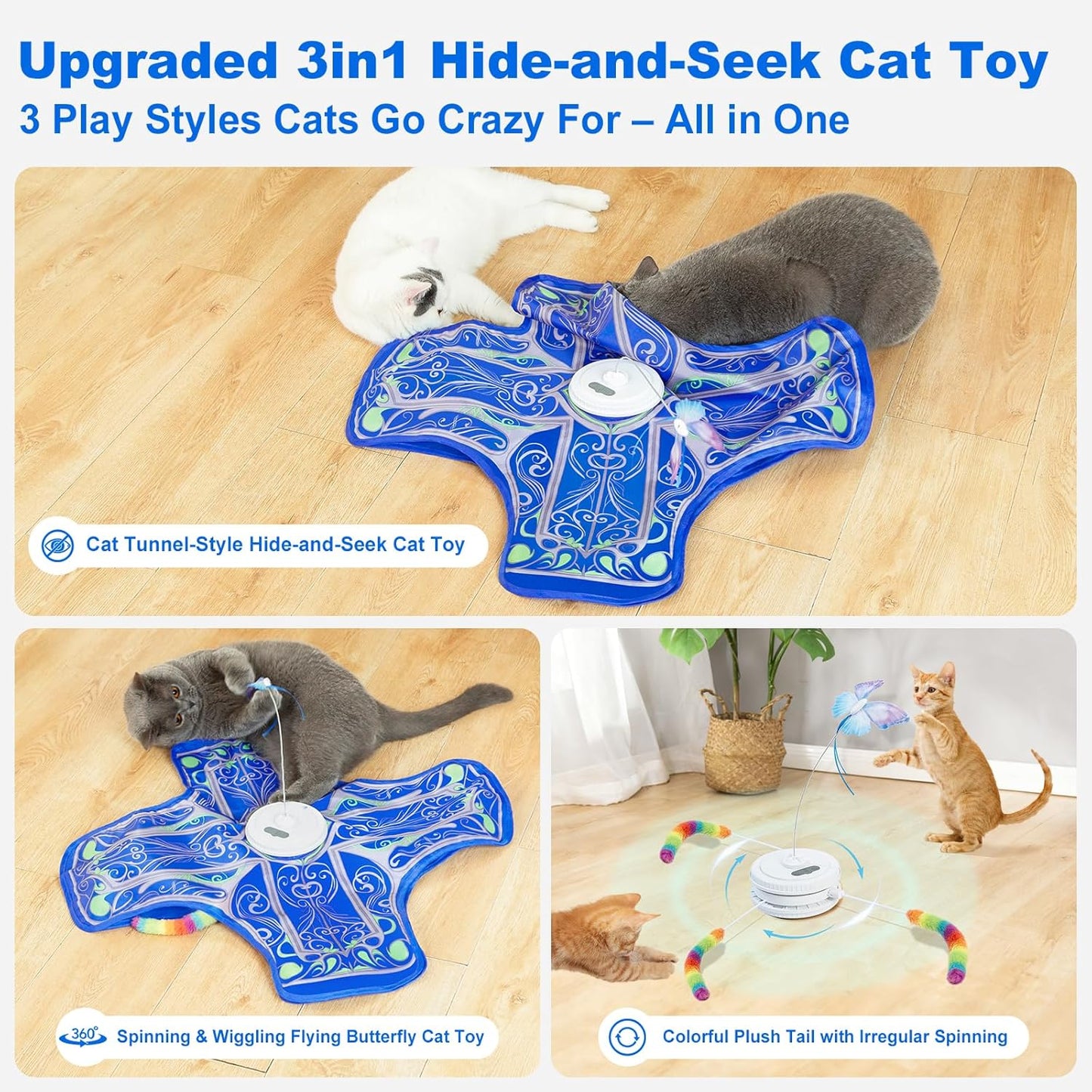 HOTInteractive Cat Toys for Indoor Cats,[Newly Upgraded] Rechargeable Touch Activated Hide and Seek Kitten Toys for Bored Indoor Adult Cats with Fluttering (Blue)
