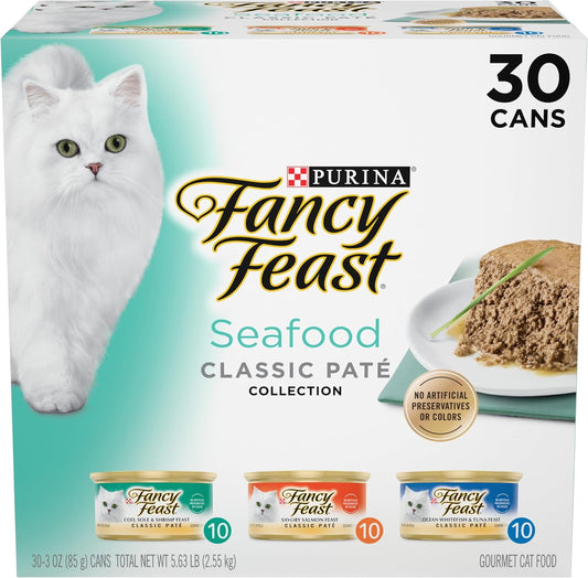 HOTPurina Fancy Feast Seafood Classic Pate Collection Grain Free Wet Cat Food Variety Pack - (Pack of 30) 3 oz. Cans