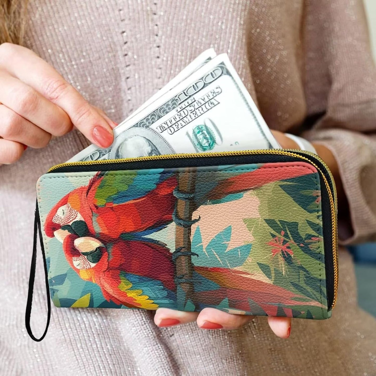 HOTMacaw Bird Lover Print Womens Wallet Leather Zip Around Wallet Tropical Forest Scarlet Macaw Parrot Long PU Leather Card Organizer Clutch with Wristlet