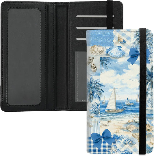HOTPremium PU Leather Checkbook Cover for Men & Women,RFID Blocking Slim Check Book Holder with Duplicate Check Divider & Pen Holder,Fits Standard Personal Checks,Coastal Beach Blue Bow