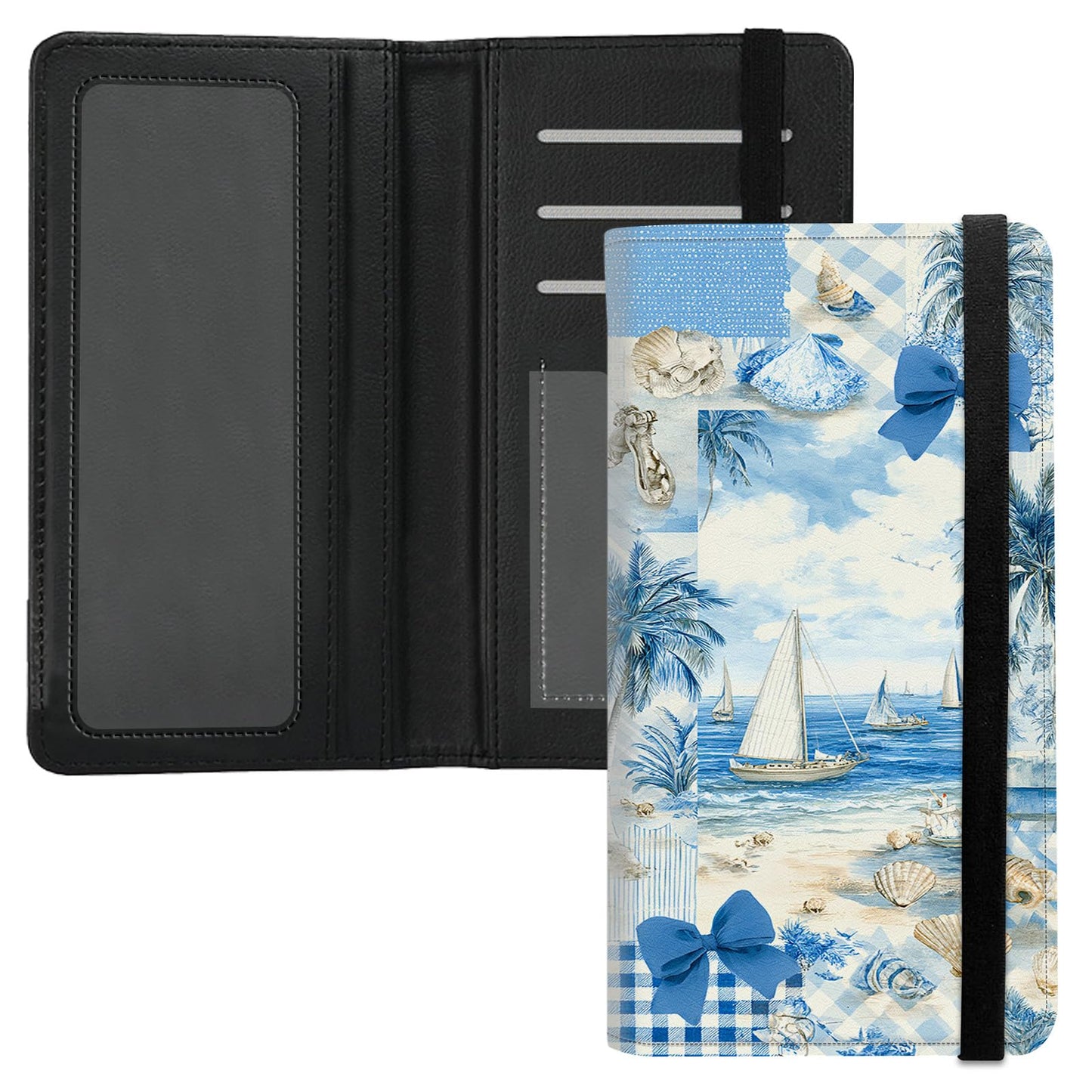HOTPremium PU Leather Checkbook Cover for Men & Women,RFID Blocking Slim Check Book Holder with Duplicate Check Divider & Pen Holder,Fits Standard Personal Checks,Coastal Beach Blue Bow