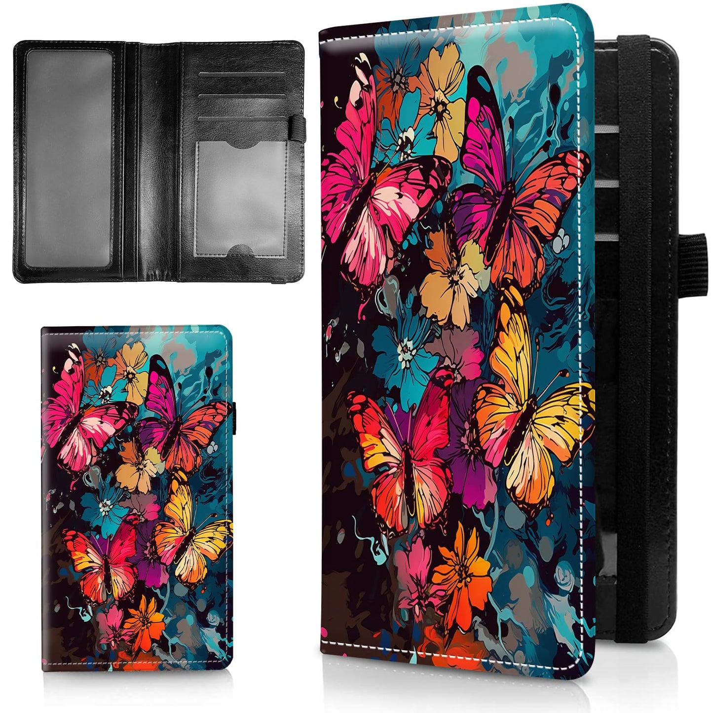 HOTLeather Checkbook Covers for Personal Checkbook Check book Holder Cover Wallets for Women Men,RFID-Blocking Slim Checkbook Cover for Duplicate Checks with Elastic Strap,Flowers Dancing Butterflies