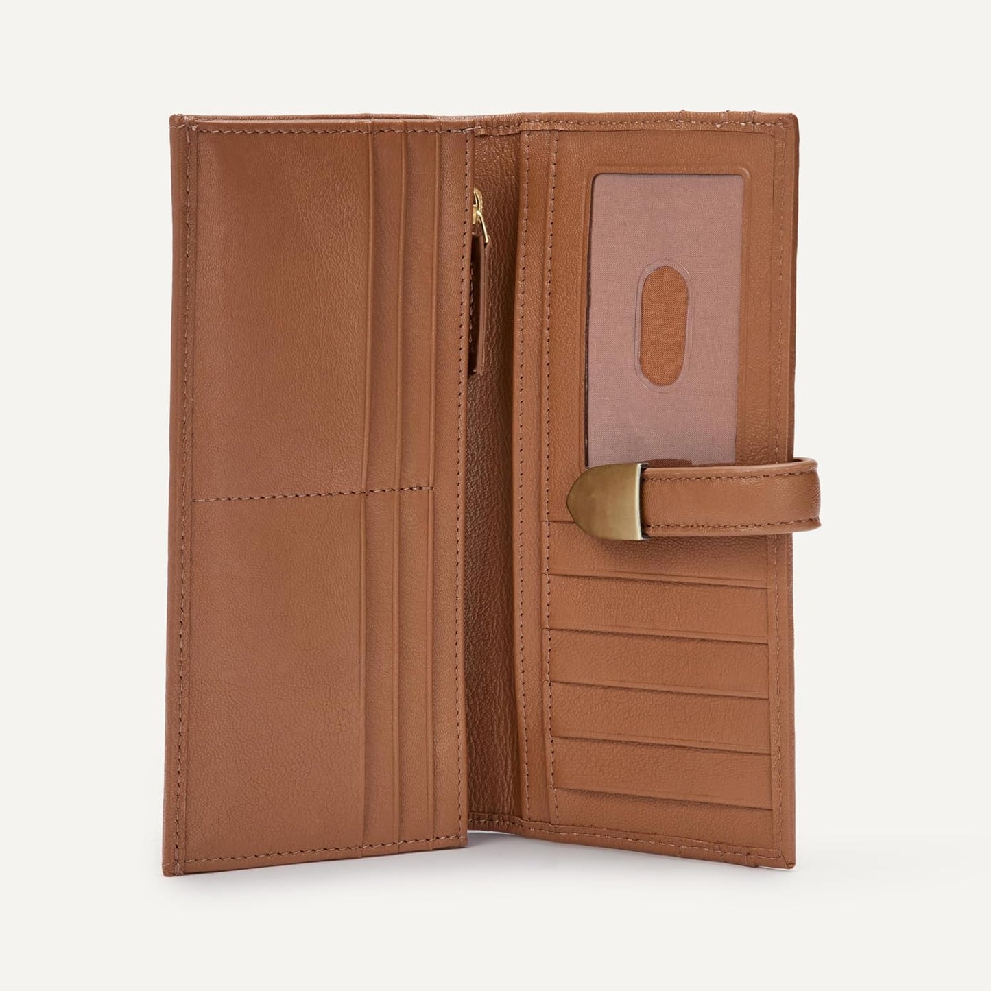 HOTAmazon Essentials Women's Leather Clutch Wallet with Multiple Card Pockets and Zip Compartments, Tan, One Size