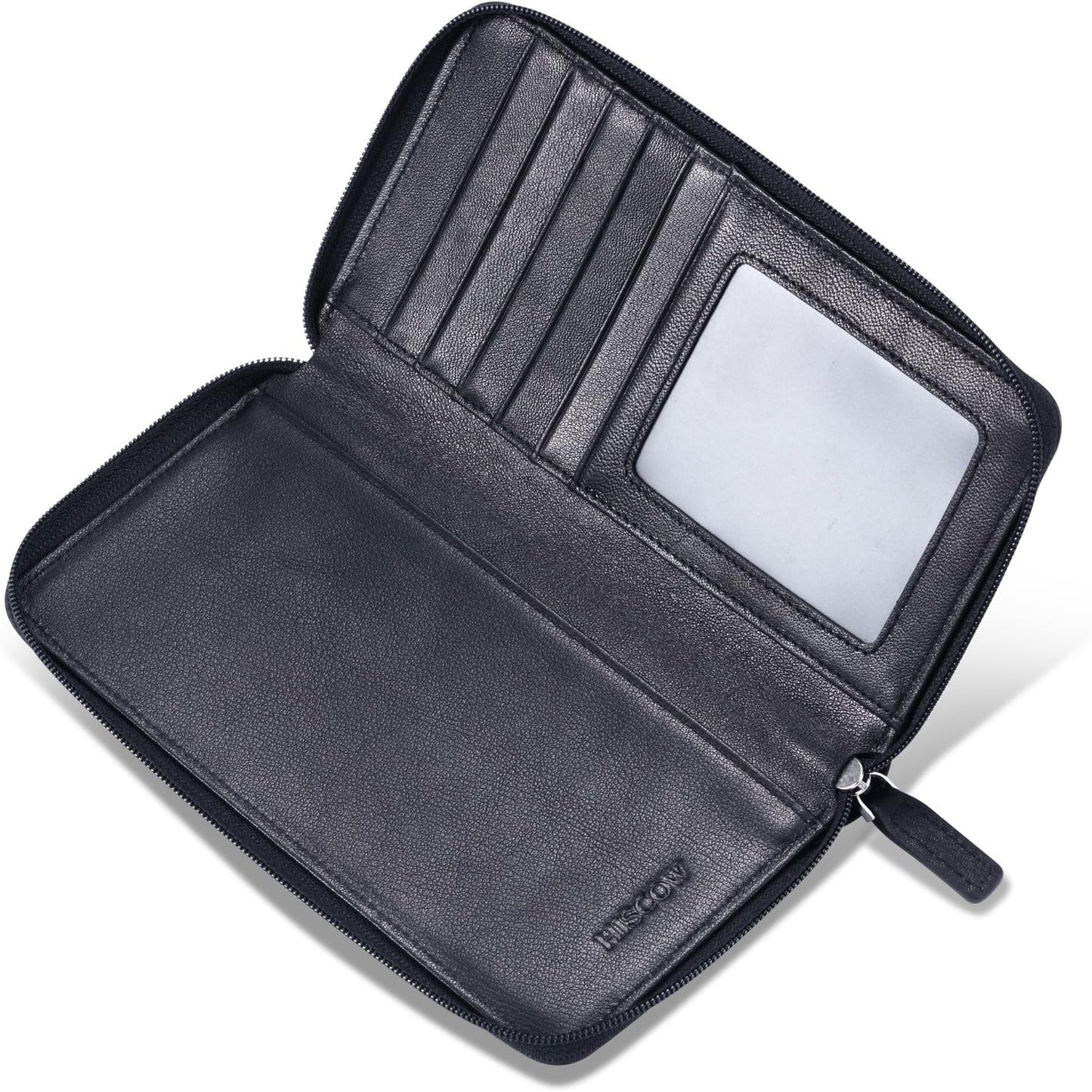 HOTHISCOW Leather Checkbook Cover, Zippered Wallet with Card Slots, Black | Full grain cowhide, 5cc & ID window, personal check book & register pockets, removable duplicate divider, women secure zipper
