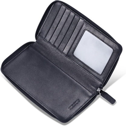 HOTHISCOW Leather Checkbook Cover, Zippered Wallet with Card Slots, Black | Full grain cowhide, 5cc & ID window, personal check book & register pockets, removable duplicate divider, women secure zipper