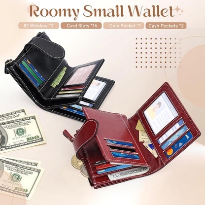 HOTGenuine Leather Wallets for Women RFID Protective Coin Purse Red | Credit Card Holder, with Coin Pocket, 16 Card Slots, 2 ID Slots, 2 Cash Pocket, Mini, Cute